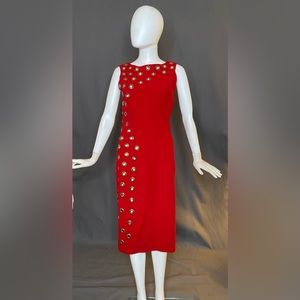 Red microsuede sheath dress with grommet detail (34/28/38 larger cut)